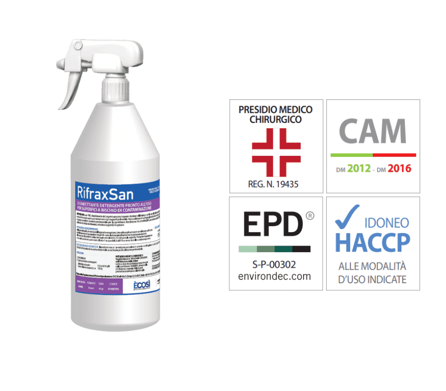 due flaconi di RifraxSan disinfettante detergente